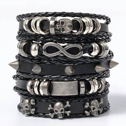 Skull Head 8-Piece Alloy Jewelry Set with Cowhide Bracelets - Direct Supply