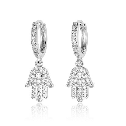 Brass Micro Pave Clear Cubic Zirconia Hoop Earrings, Hamsa Hand Dangle Earrings for Women