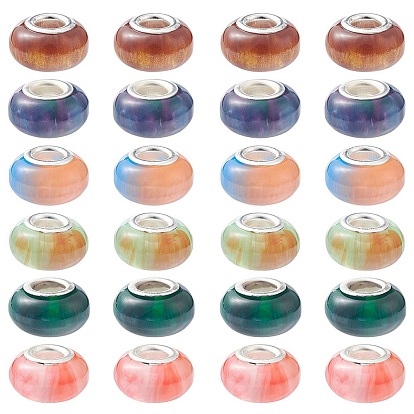 24Pcs 6 Colors Rondelle Resin European Beads, Large Hole Beads, Imitation Stones, with Silver Tone Brass Double Cores