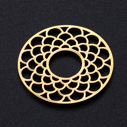 201 Stainless Steel Filigree Joiners Links, Laser Cut, Flat Round with Flower