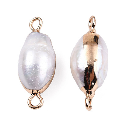 Electroplate Natural Baroque Pearl Keshi Pearl Connector Charms, Cultured Freshwater Pearl, with Iron Findings, Oval
