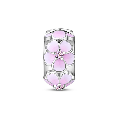 TINYSAND 925 Sterling Silver Enamel European Bead, Large Hole Beads, with Cubic Zirconia, Rondelle with Peach Blossom, with 925 Stamp
