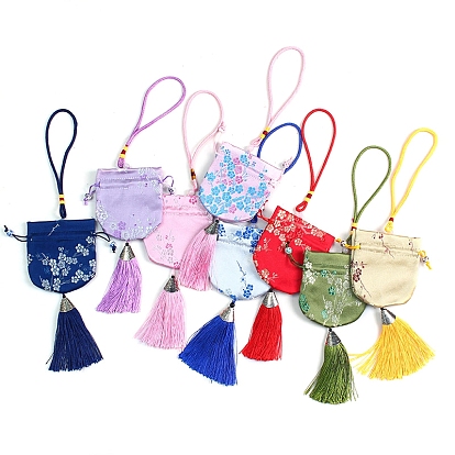 Chinese Style Silk Embroidery Flower Tassel Pouches, Drawstring Bag, Rectangle