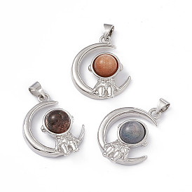 Natural Gemstone Pendants, Moon with Spaceman Charms, with Platinum Tone Brass Findings