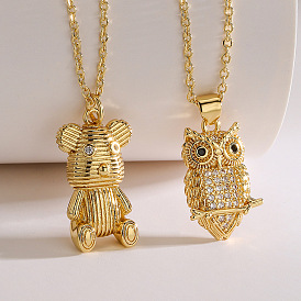 18K Gold Plated Owl and Bear Pendant Necklace for Women, Unique and Stylish Collarbone Chain with Zirconia Stones.
