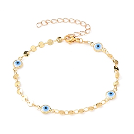 Evil Eye Brass Enamel Link Bracelets, with Flat Sequin Chains and 304 Stainless Steel Lobster Claw Clasps