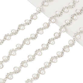 1 Yard Crystal Rhinestone Cup Chains with Plastic Pearl Beaded, Brass Twist Wave Strass Chains, for Wedding Dress