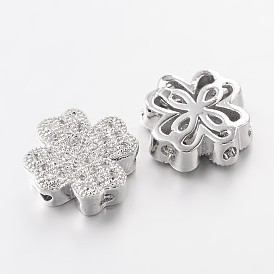 Brass Micro Pave Cubic Zirconia Beads, Clover, Lead Free & Nickel Free, 10x10x4mm, Hole: 1mm