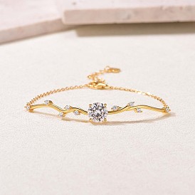925 Sterling Silver Micro Pave Clear Cubic Zirconia Link Bracelets, Cable Chain Bracelets for Women, Flat Round