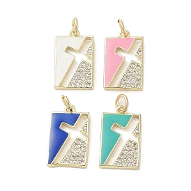 Real 18K Gold Plated Brass Micro Pave Cubic Zirconia Pendants, with Glass and Enamel and Jump Ring, Rectangle with Cross