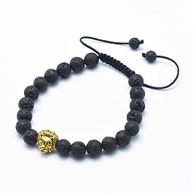 Natural Gemstone Braided Bead Bracelets, with Alloy Lion Beads and Nylon Cord