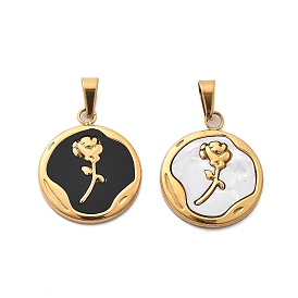 Plastic Pendants, with Ion Plating(IP) 304 Stainless Steel Findings, Real 18K Gold Plated, Flat Round with Rose