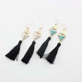 Triangle White Turquoise Inlaid Earrings with Black Tassel Cord