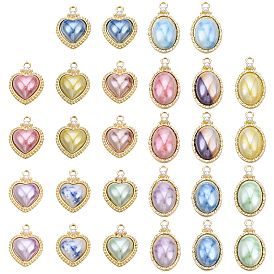 Nbeads 28Pcs 14 Style Rack Plating Alloy Pendants, with Porcelain and ABS Plastic Imitation Pearl, Long-Lasting Plated, Golden, Oval & Heart