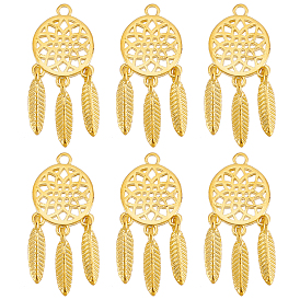 12Pcs Brass Pendants, Long-Lasting Plated, Woven Net/Web with Feather