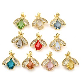 Rack Plating Brass Micro Pave Clear Cubic Zirconia Pendants, with Glass, Long-Lasting Plated, Cadmium Free & Lead Free, Real 18K Gold Plated, Insect Charms