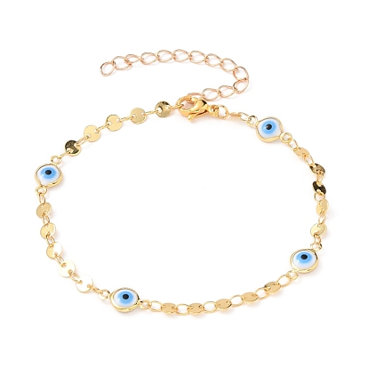 Evil Eye Brass Enamel Link Bracelets, with Flat Sequin Chains and 304 Stainless Steel Lobster Claw Clasps