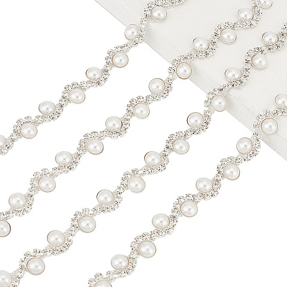1 Yard Crystal Rhinestone Cup Chains with Plastic Pearl Beaded, Brass Twist Wave Strass Chains, for Wedding Dress