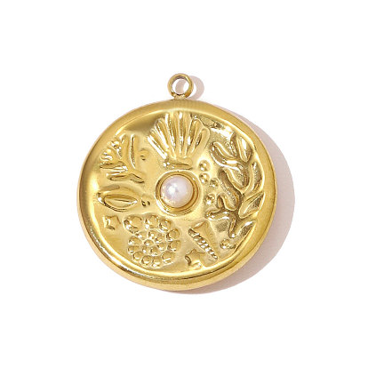 304 подвески из нержавеющей стали, плоские круглые прелести, с имитацией жемчуга, ионное покрытие (ip), реальный 18 k позолоченный