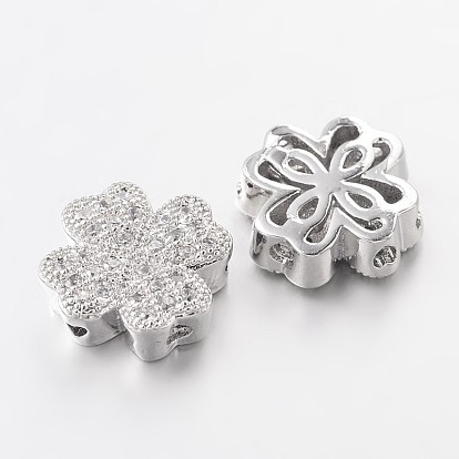 Brass Micro Pave Cubic Zirconia Beads, Clover, Lead Free & Nickel Free, 10x10x4mm, Hole: 1mm