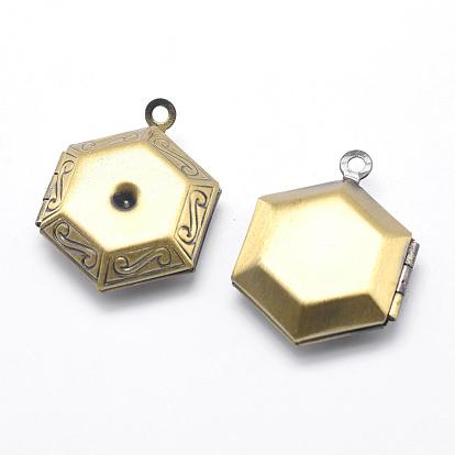 Brass Locket Pendants, Photo Frame Charms for Necklaces, Cadmium Free & Nickel Free & Lead Free, Hexagon