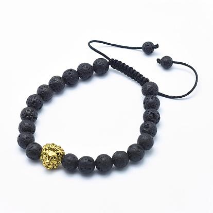 Natural Gemstone Braided Bead Bracelets, with Alloy Lion Beads and Nylon Cord
