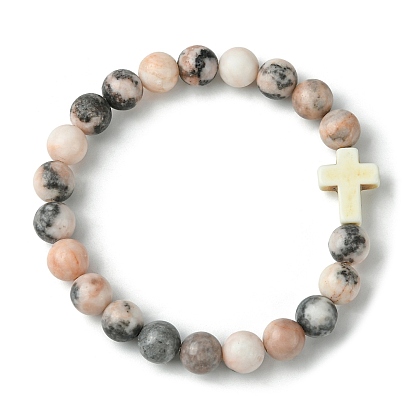 Эластичный браслет из натуральной розовой яшмы под зебру и синтетической бирюзы с крестообразными бусинами