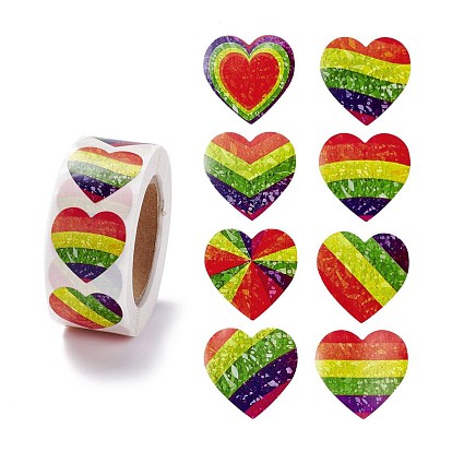 Autocollants d'étiquettes-cadeaux en papier, avec arc-en-ciel coeur fierté étiquettes adhésives rouleau d'autocollants, pour la fête, cadeaux décoratifs