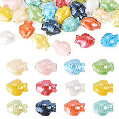 24Pcs 12 Colors Handmade Porcelain Beads, Fish Shape, Fancy Antique Glazed Porcelain
