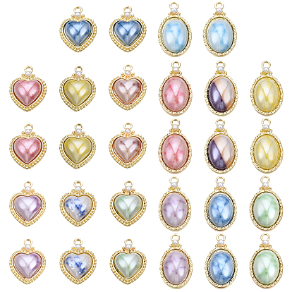 28Pcs 14 Style Rack Plating Alloy Pendants, with Porcelain and ABS Plastic Imitation Pearl, Long-Lasting Plated, Golden, Oval & Heart