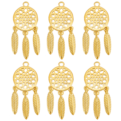 12Pcs Brass Pendants, Long-Lasting Plated, Woven Net/Web with Feather