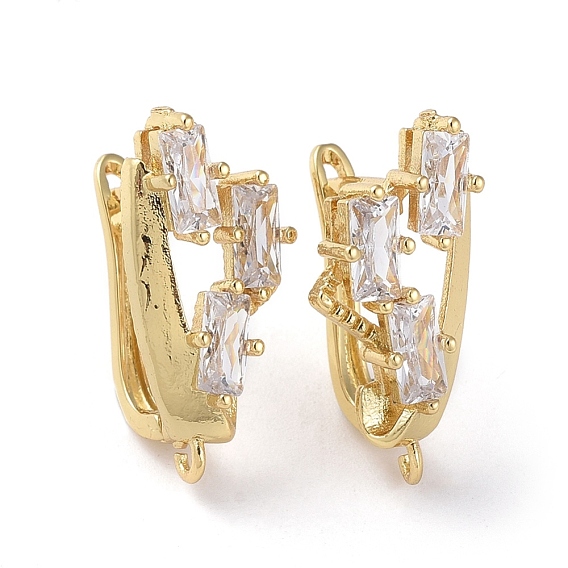 Brass Micro Pave Cubic Zirconia Hoop Earring Findings with Latch Back Closure, with Horizontal Loop, Clear