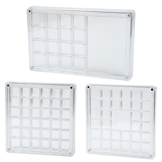 3pcs 3 styles Boîtes de rangement transparentes en acrylique quadrillé avec couvercle magnétique pour perles de coquillage en vrac, Rectangle et carré