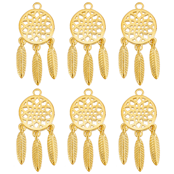 12Pcs Brass Pendants, Long-Lasting Plated, Woven Net/Web with Feather