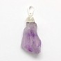 Natural Raw Rough Gemstone Amethyst Pendants, with Silver Color Plated Brass Findings, Irregular Nuggets