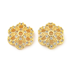 Rack Plating Brass Micro Pave Clear Cubic Zirconia Bead Caps, Long-Lasting Plated, Lead Free & Cadmium Free, Flower