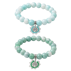 2Pcs 2 Colors 10.5mm Round Opaque Crackle Glass Beaded Stretch Bracelet Sets, Alloy Tree of Life Charm Bracelets