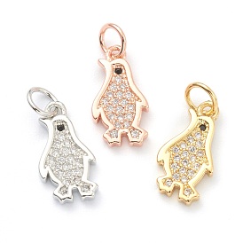 Brass Clear Cubic Zirconia Charms, Long-Lasting Plated, with Jump Ring, Penguin