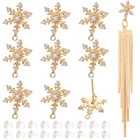 10Pcs Brass Cubic Zirconia Stud Earring Findings, with 925 Sterling Silver Pins and Horizontal Loops, Nickel Free, Snowflake, with 30Pcs Plastic Ear Nuts
