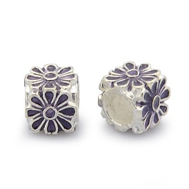 Silver Color Plated Alloy Enamel European Beads, Large Hole Beads, Cube with Flower Pattern, 8x8x8mm, Hole: 5mm