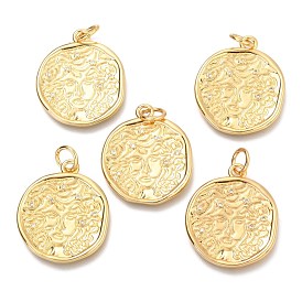 Brass Micro Pave Clear Cubic Zirconia Pendants, with Jump Rings, Flat Round with Human