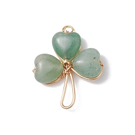 Natural Gemstone Shamrock Pendants, Clover Charms with Brass Findings