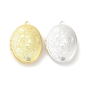 Rack Plating Brass Locket Pendants, Photo Frame Charms for Necklaces, Long-Lasting Plated, Oval with Flower Charm