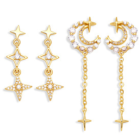 Geometric Zirconia Earrings with Star and Moon Design, Bohemian Style Tassel Ear Jewelry