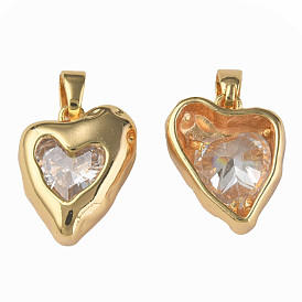 Brass Micro Pave Clear Cubic Zirconia Charms, with Brass Snap on Bails, Nickel Free, Heart