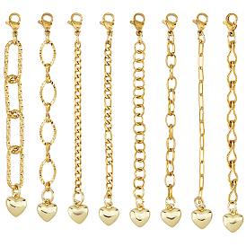 8pcs 8 styles 304 rallonge de chaîne en acier inoxydable, avec des fermoirs en forme de pince de homard et des pendentifs en forme de cœur en laiton, y compris un chiffon de polissage en daim, pochettes à rabat pour bijoux en velours