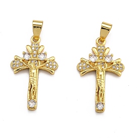 Brass Micro Pave Clear Cubic Zirconia Pendants, Long-Lasting Plated, Cross