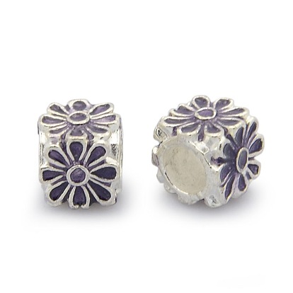 Silver Color Plated Alloy Enamel European Beads, Large Hole Beads, Cube with Flower Pattern, 8x8x8mm, Hole: 5mm