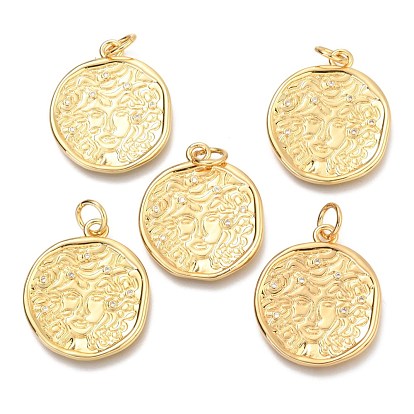 Brass Micro Pave Clear Cubic Zirconia Pendants, with Jump Rings, Flat Round with Human