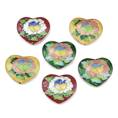 Бусины ручной работы перегородчатой, сердце с цветочным узором, золотой и серебряный